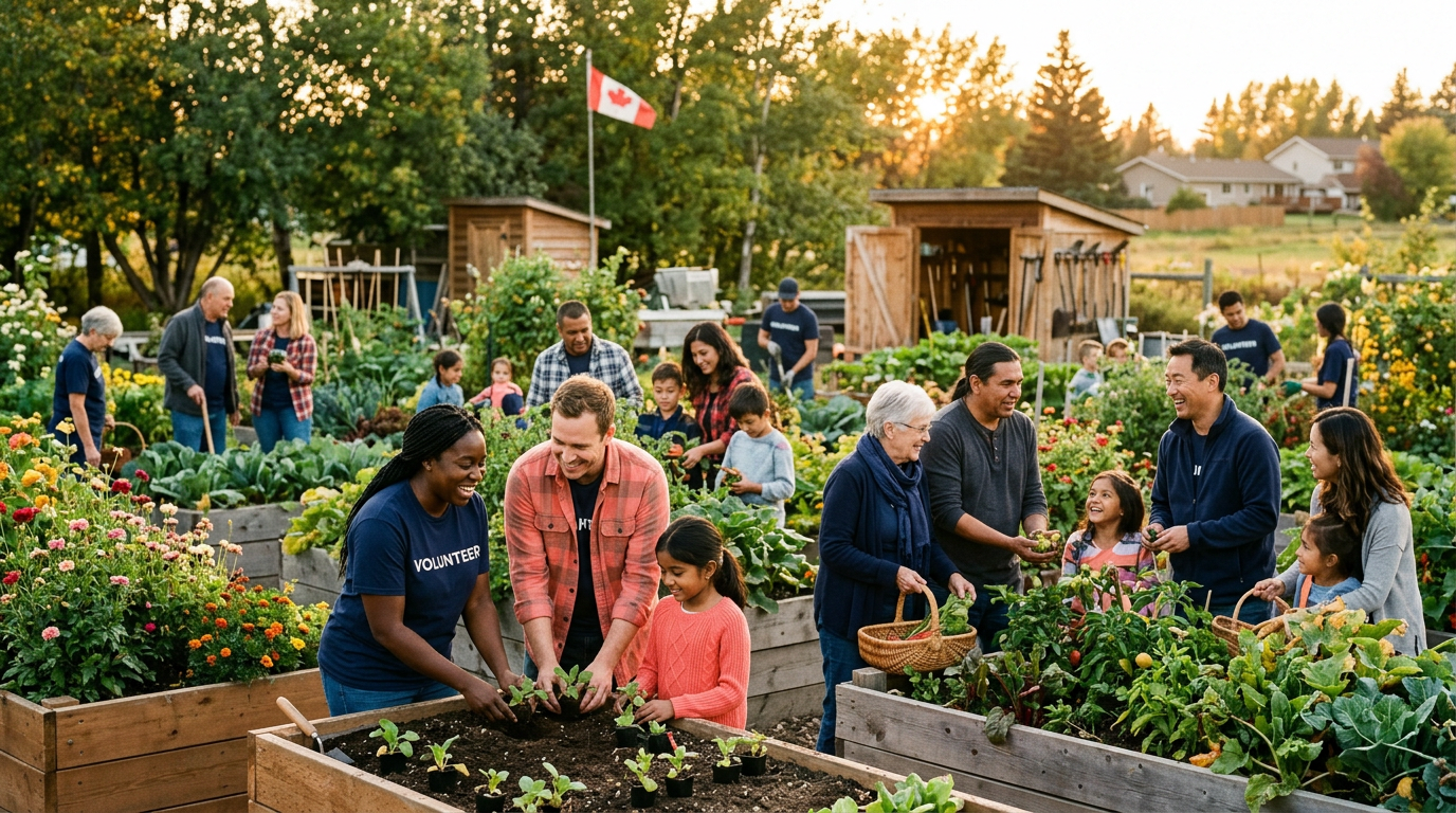 Community members and volunteers gathered together outdoors